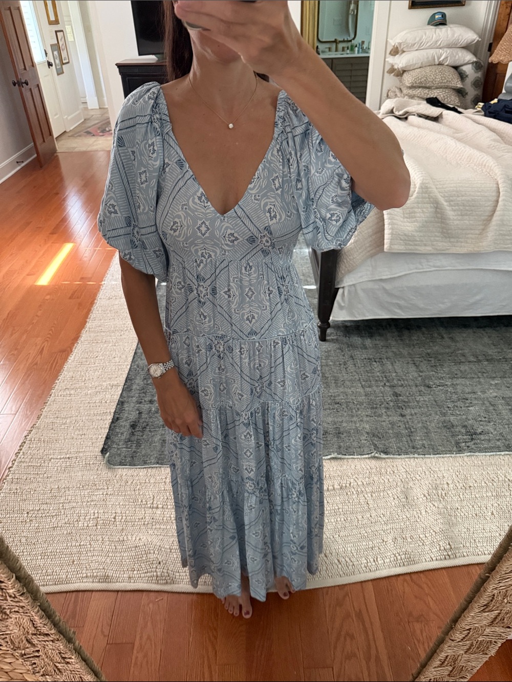 Pale Blue Puff-Sleeve Maxi Dress with V-Neck